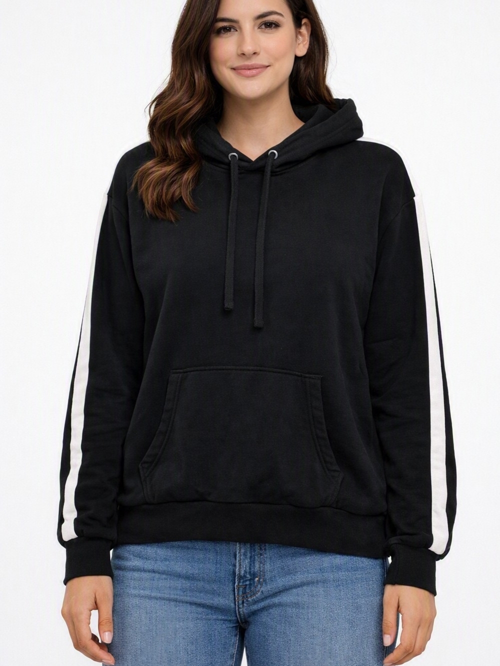 Women’s Black Hoodie Sweatshirt with White Sleeve Stripes